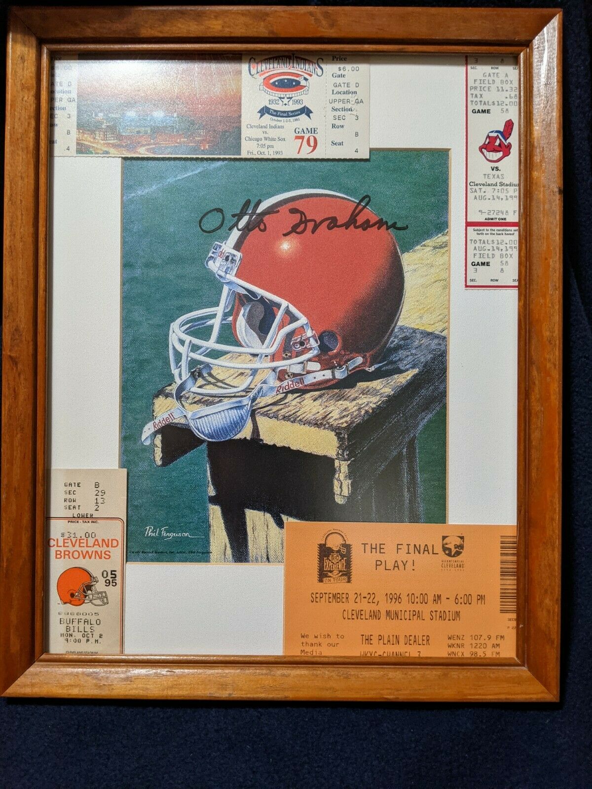 Framed 12x15 Picture Otto Graham Sign W/original Cleveland Browns Tickets