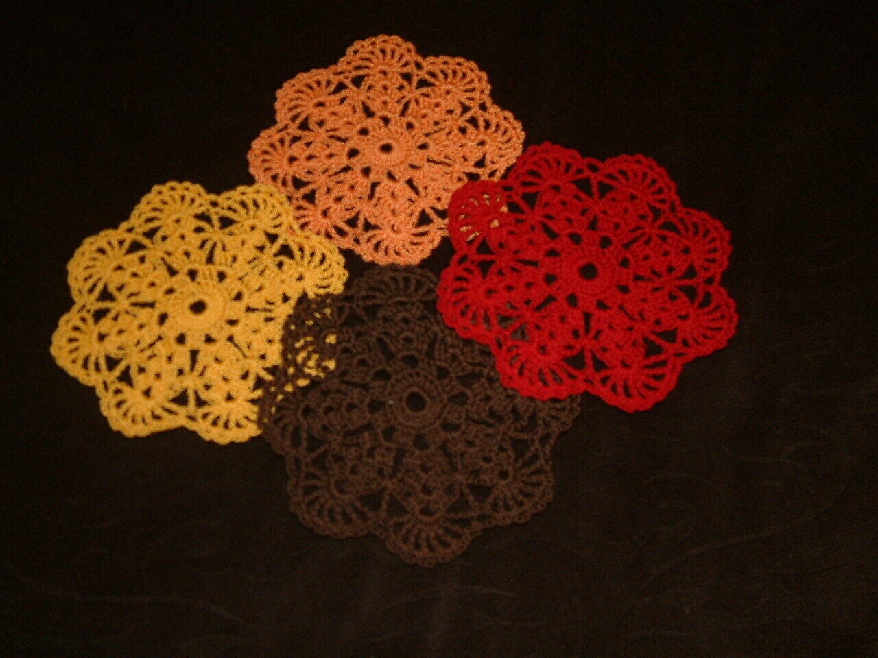 New Hand Crocheted Doily - Red Orange Goldenrod Fudge Brown Set Of 4 Fall Autumn