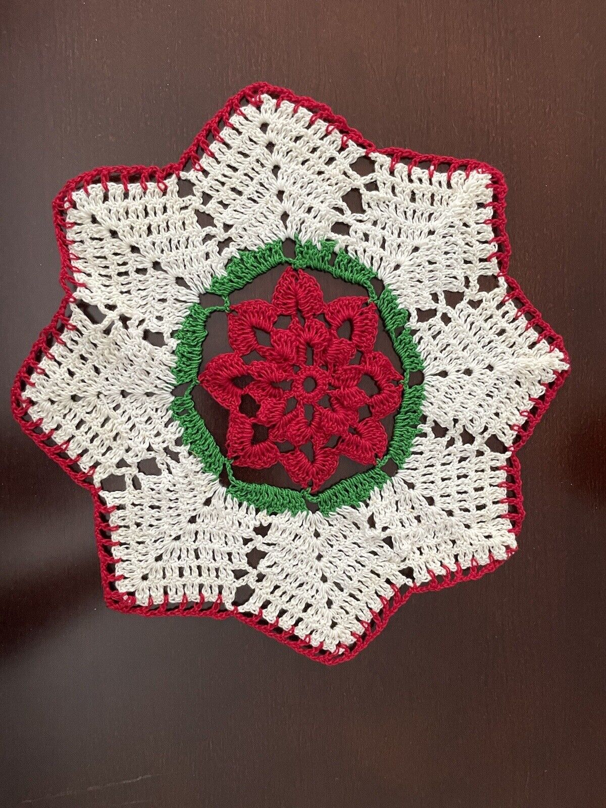 Vintage Red White Green Handmade Crochet Doily 11”round Christmas Doilie