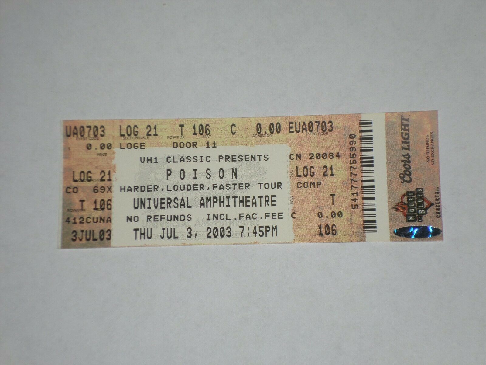 Poison Bret Michaels Ticket Stub-2003-every Rose Has Its Thorn-universal City,ca