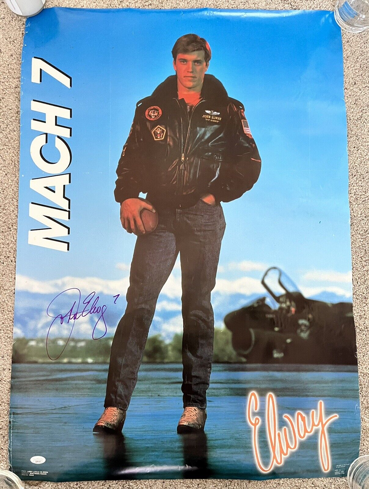 John Elway Mach 7 Vintage Kbs Inc. Poster 1986 Denver Broncos Signed Jsa Coa