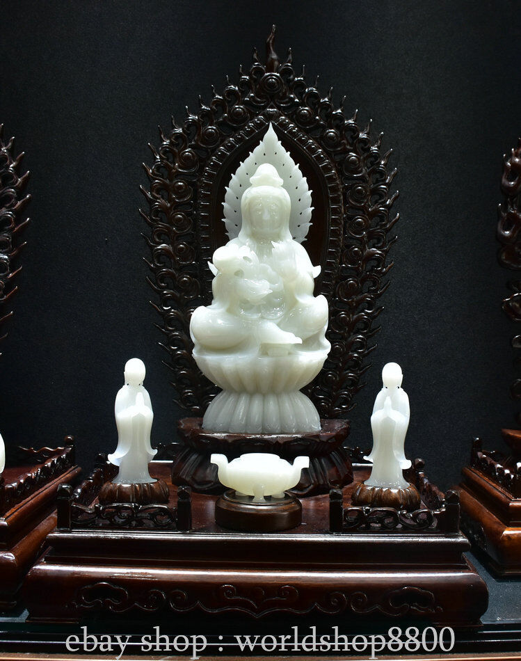 19.2" Chinese Hetian White Jade Natural Dynasty Ruyi Guan Yin Goddess Statue Set