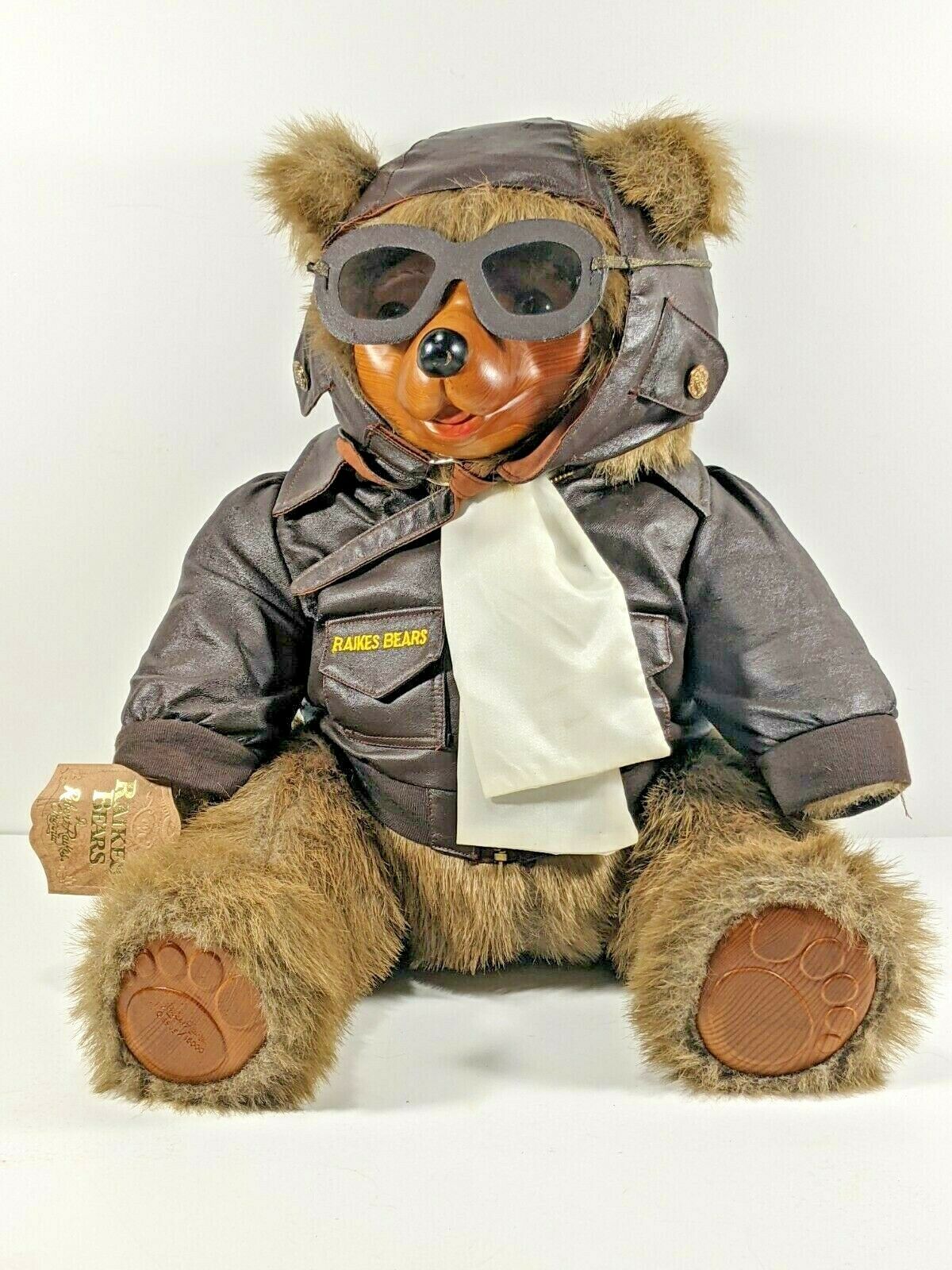 Raikes Original Bear~ Lindy Wood Face+feet Aviator Flying High Bear 1986 W/tags