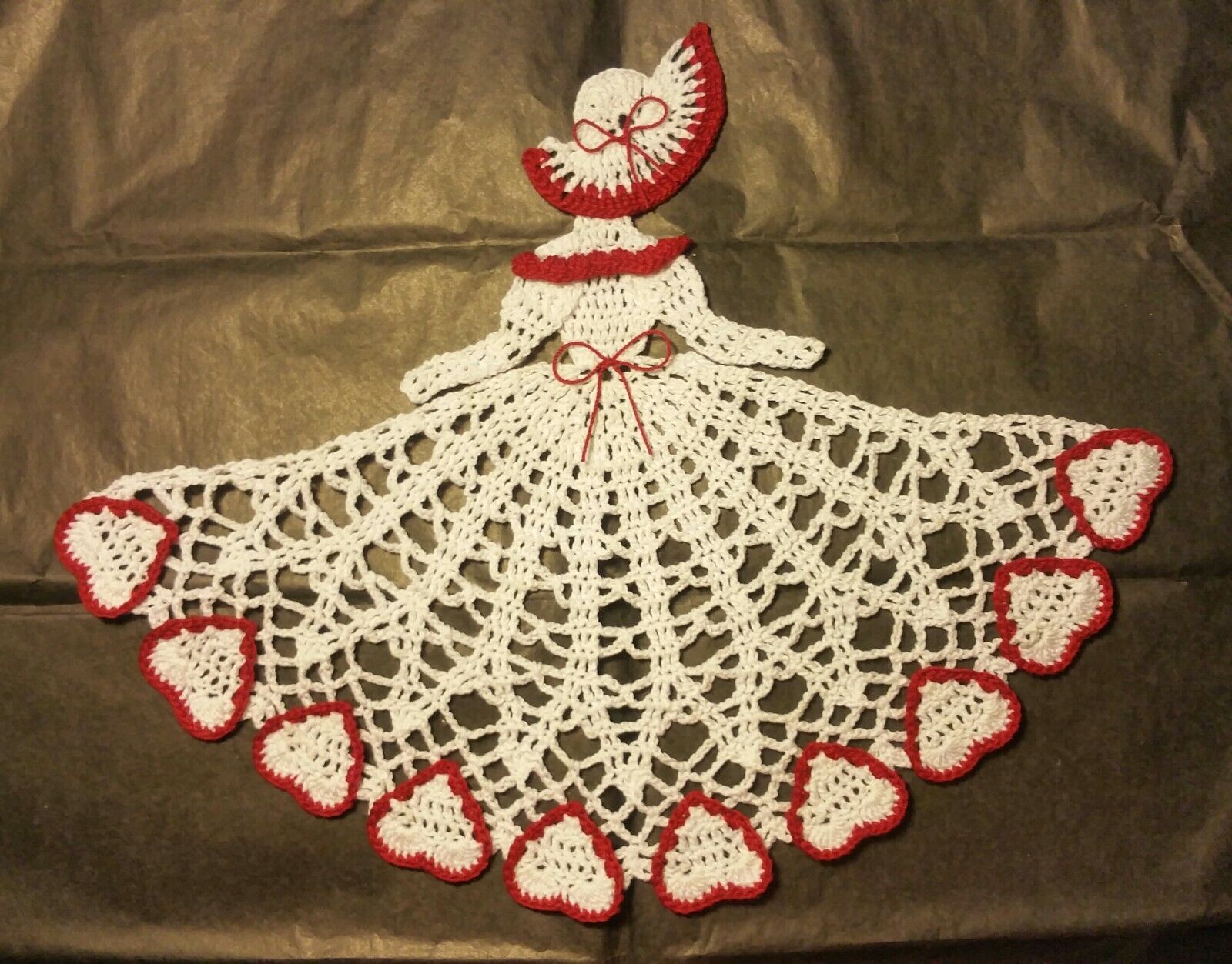 Crochet Crinoline Lady Doily - Red Hearts