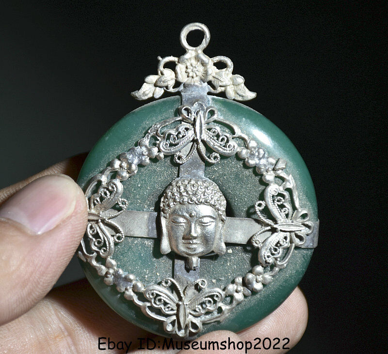 2.6" Old China Silver Inlay Green Agate Buddha Head Flowers Pendant“gua Jian”
