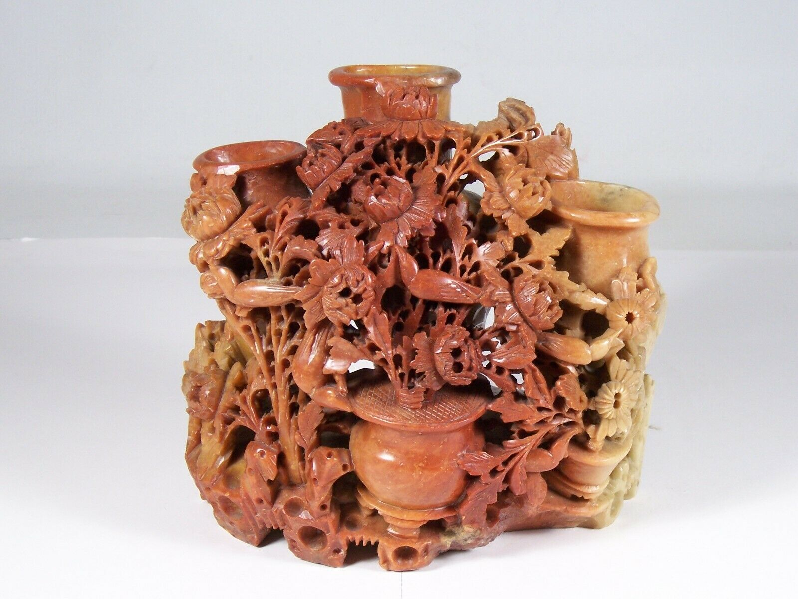 Superb Lg C1900 Chinese Carved & Pierced Soapstone Triple Vase W Birds & Flowers