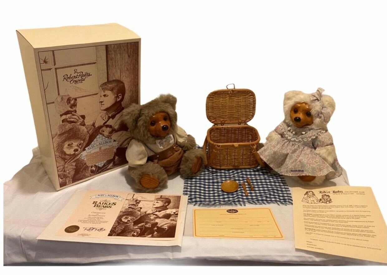 Vintage 1992 Collectible Raikes Bears Alac And Allison Picnic Pair Bears Set