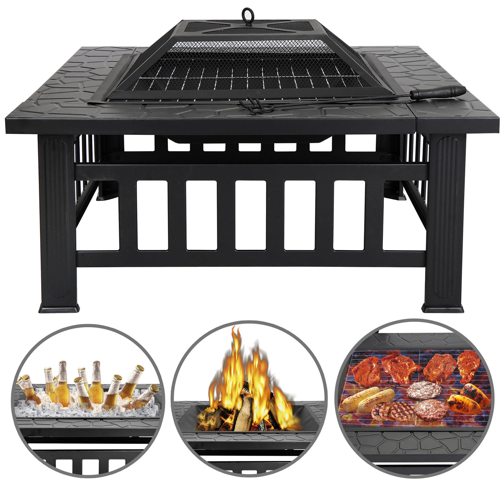 32" Square Fire Pit Outdoor Patio Metal Heater Deck Backyard Fireplace W/cover