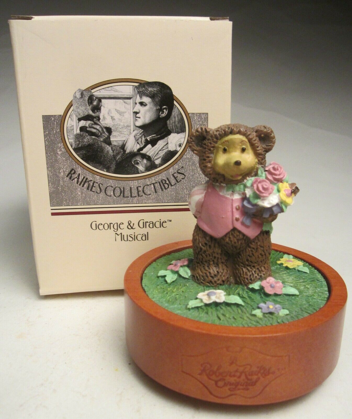 Robert Raikes George Burns Bear Musical Music Box Acrylic Holding Flowers #52258