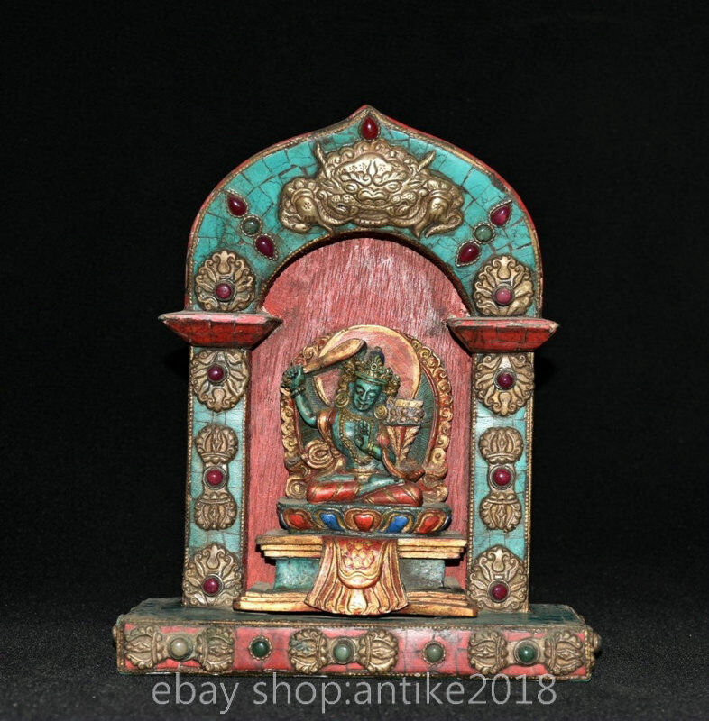 8.8 " Old Tibet Buddhism Turquoise Gem Wenshu Manjushri Buddha Shrines Tangka