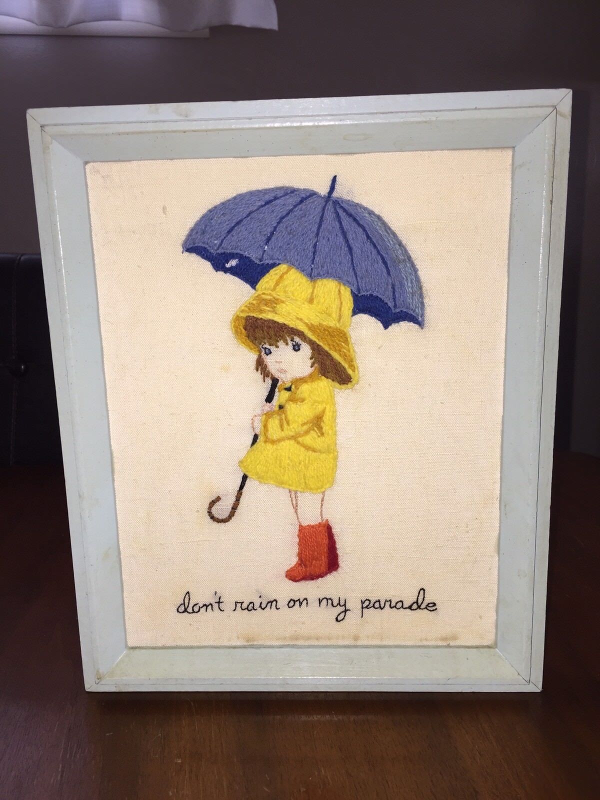 Vtg Needlepoint Framed "don't Rain On My Parade" Girl Kid Umbrella