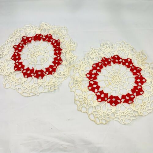 2 Vintage Red And White Crocheted Doilies 10” Diameter Boho Christmas Retro