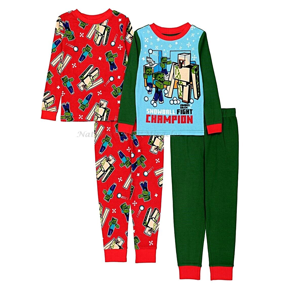 Minecraft Christmas Pajamas Boys Size 6-12 Cotton 4 Piece Set Holiday Girls Nwt